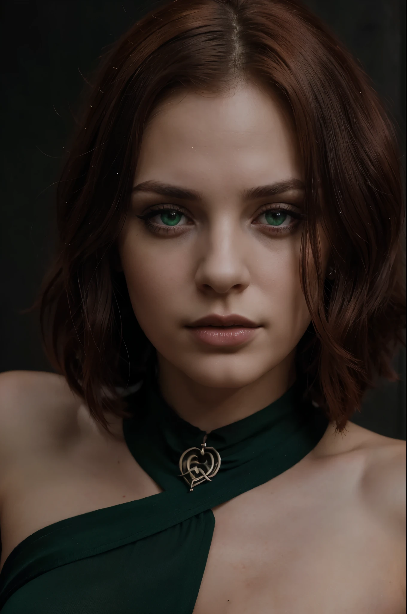 8K, RAW picture, Young goth woman, close-up, portrait, green eyes, dark red hair, lots of jewellery, dark background, realistic skin, realistic hair, realistic hands, realistic legs, realistic feet, realistic face, photorealistic, cinematic