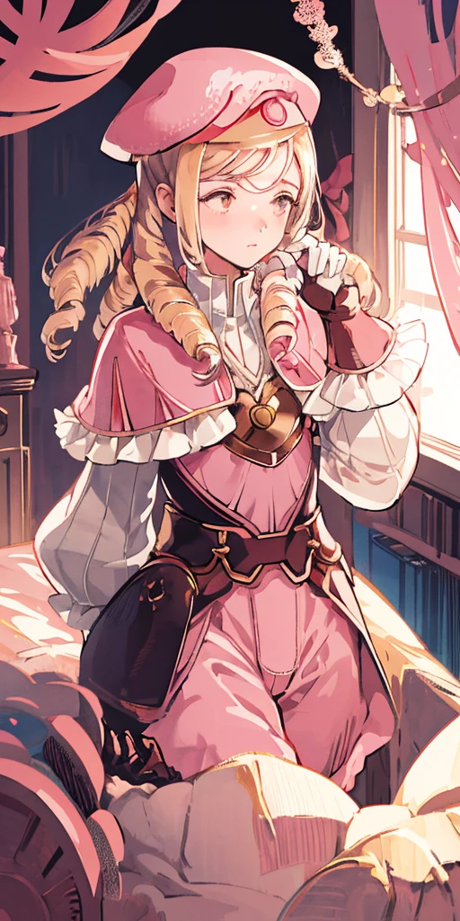 masterpiece, best quality, feforrest, otoko no ko, beret, pink capelet, pink tunic, white pants, brown gloves, upper body, looking at viewer, shy, from above, mansion, room, finely decorated room, pink theme