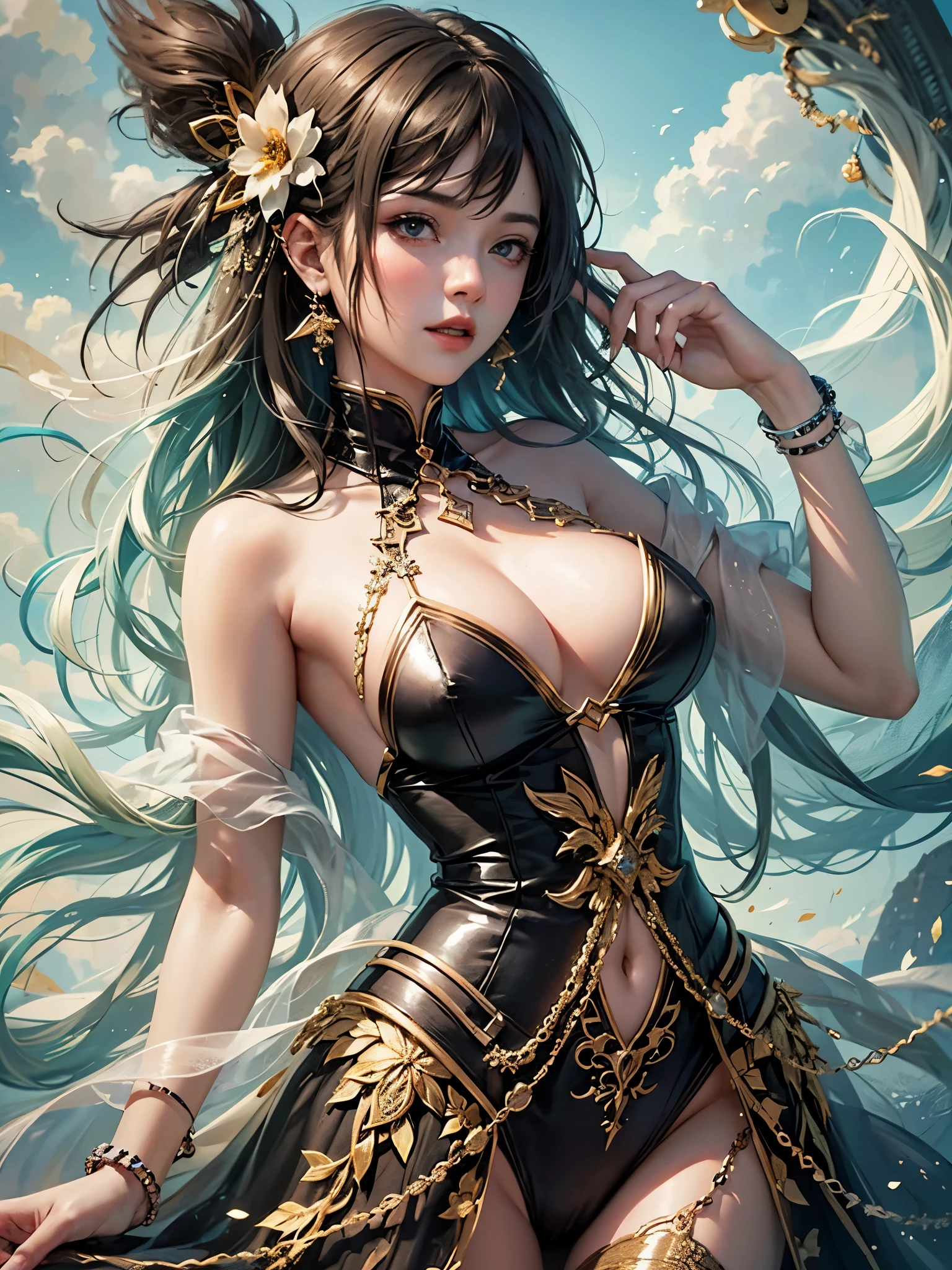 art, Unity 8k壁纸, Ultra-detailed, Beautiful and aesthetically pleasing, (s fractal art: 1.3),  flower, girls, (Hairstyles: Long hair) Ocean, Extremely detailed, Cowboy shot, The most beautiful, Seafoam, Buble, cute big breasts, ultra quality, random background, random dress, --auto --s2