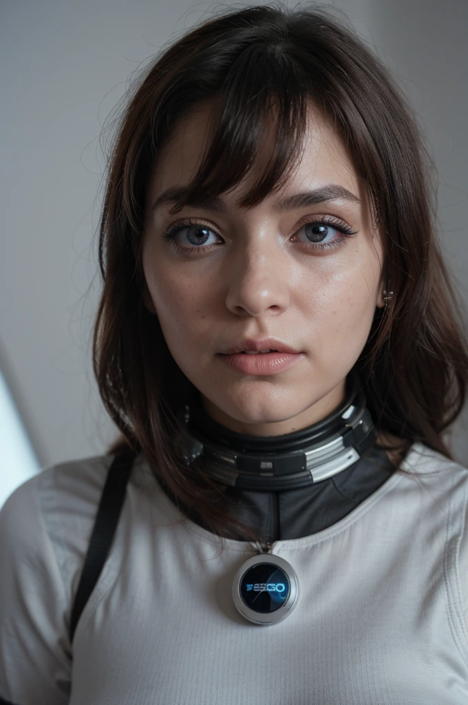 Foto de una mujer jengibre, en el espacio, Traje espacial futurista, (Pecas:0.8) cara linda, Science-Fiction, distopic, ojos detallados, ojos azules