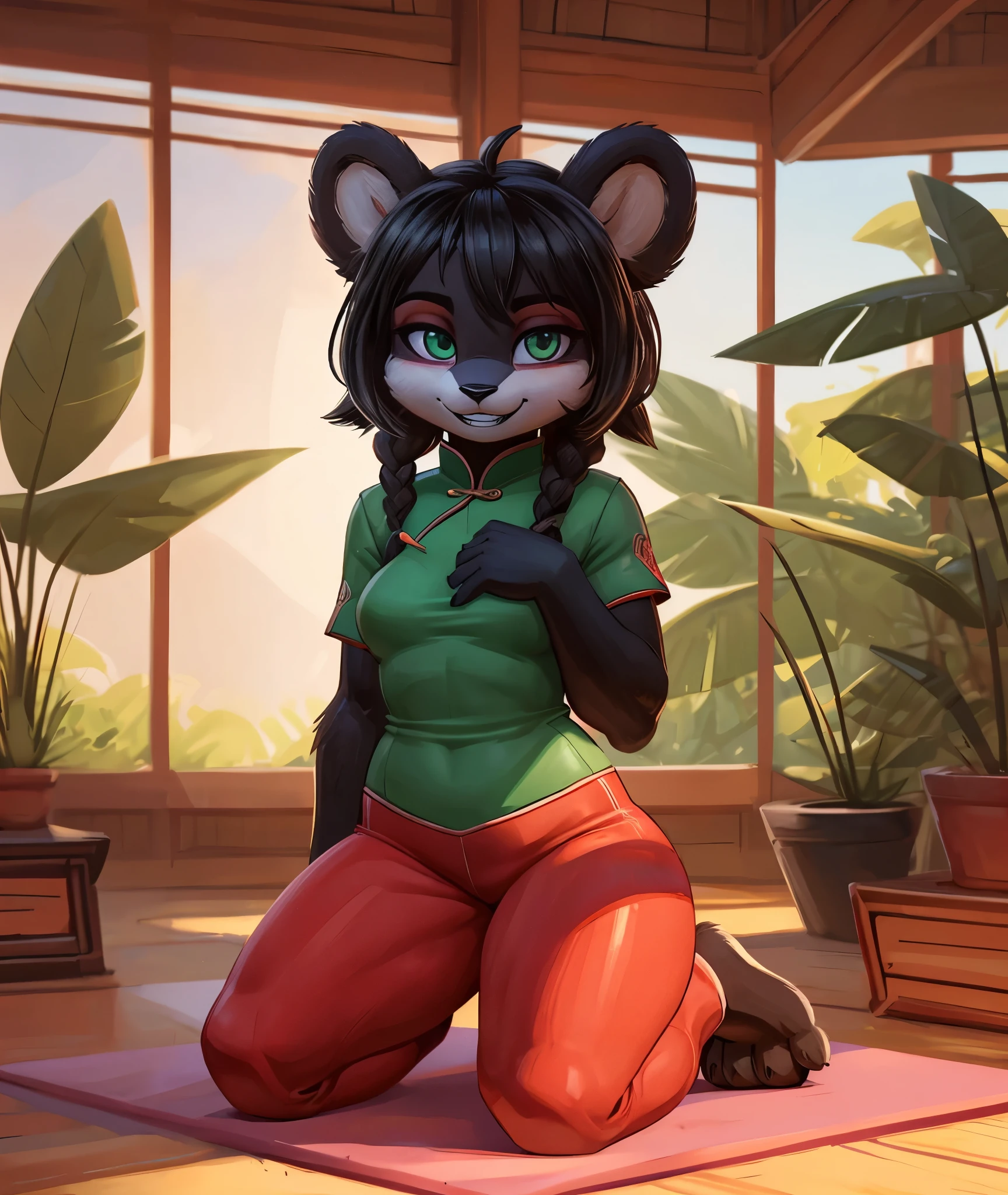 [Yaya Panda], [Uploaded to e621.net; (Pixelsketcher), (wamudraws)], ((masterpiece)), ((HD)), ((solo portrait)), ((full body)), ((front view)), ((feet visible)), ((furry; anthro)), ((detailed fur)), ((detailed shading)), ((beautiful render art)), ((intricate details)), {anthro panda; (black fur), (white fur), black nose, (cute green eyes), (short eyelashes), black hair, braided ponytail, (curvy hips), (beautiful legs), (beautiful paws), (blushing), (cute grin)}, {(chinese clothing), (green shirt), (red yoga pants)}, {(on yoga mat), (kneeling), (looking at viewer)}, [background; (bamboo forest), (living room), (window), (blue sky), (cloudy)]