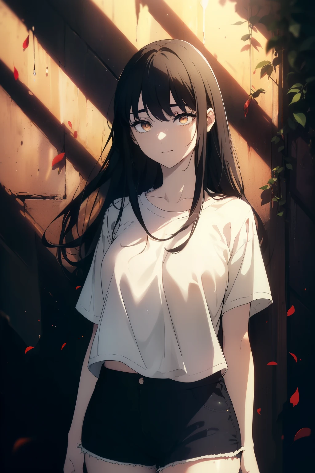 ((((Obra maestra, La mejor calidad, ultrahigh resolution)))), 1girl, standing, ((baggy white t-shirt, loose fitting blue shorts, black hair, dark black hair)), long hair cut, pale skin, ((brown eyes)), (glowing_eyes, luminescent eyes), (ultra detailed eyes:0.7, beautiful and detailed face, detailed eyes:0.9), ((centered)), smile, ((wide shot)), facing viewer, (((vibrant background of outside, flowers, bright lighting, summer, sunlight))), flat chested, looking at viewer, ((perfect hands)), ((head:1, hips, elbows, arms, in view)), ((hands behind back)), beautiful lighting, defined subject, (25 years old), ((cool looking)), ((slight breeze in hair, vintage sun glare))