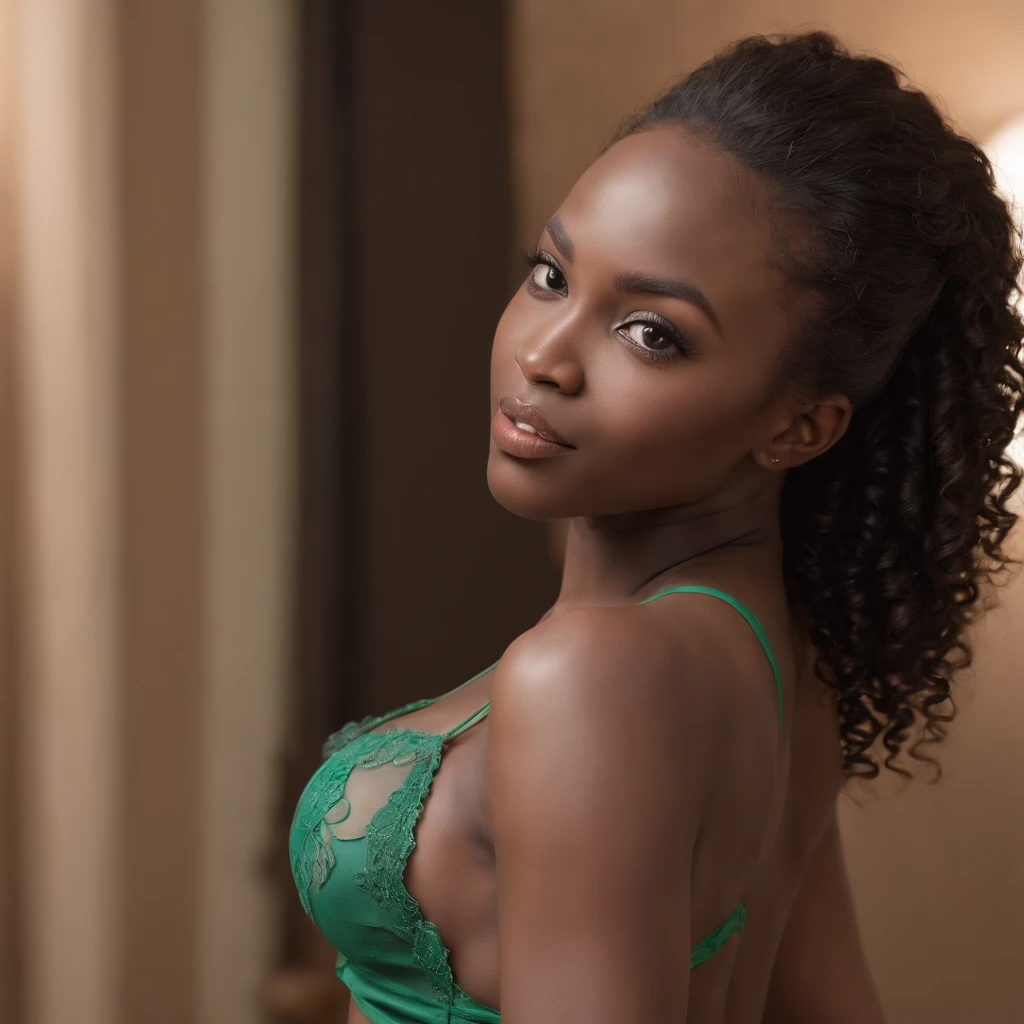 ((Dark African skin, Very deep ebony skin)), ((Its beauty is undeniable)), ((Excited cute face)), ((Hyper detailed perfect eyes,)), ((pose mignonne)), ((Langue sortie)), ((Seductive )), Sexy NSFW, (( crop top vert marine), Sexy mounted thong)), ((Afro ponytail with long African curly hair,)), (( peau)), ((coucher, vue de face en selfie)), ((main sur les seins dans une pose sexy)), ((interior, Chambre, lit)), Sharp Focus CGI, photoreallistic, High detail, Realstic, Masterpiece, absurdes, Best quality, Hdr, High quality, high-definition, Extremely detailed, 8k wallpaper, Intricate details, 8K UHD, Full-HD, (photo realist:1.2), contraste, intense illumination, lighting cinematic, natural lighting, hard light, contre-jour, Illumination globale, Ambient occlusion nsfw sexy all visible body she seduces hip slim body perfect bed red sheet horse queu afro