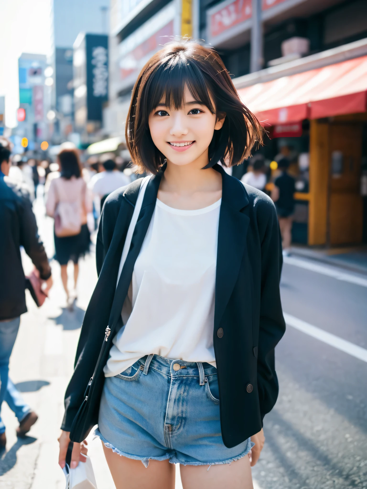 ultra best quality、masterpiece、超hight resolution、depth of fields、(Photorealsitic:1.4)、(awardwinning photo、信じられないほどのmasterpiece:1.3) 、Raw photography、the golden ratio、the Extremely Detailed CG Unity 8K Wallpapers、Detailed and complex、Original、hight resolution、Raw foto、(perfect body type)、Detailed and complex、Digital SLR、softlighting、(background person blur:1.1)、SIGMA 85 mm F/1.4、50mm Lenac lighting、nffsw、hyper realstic、Color Grade、dynamicposes、Portrait Break、 独奏、short-hair:1.4、girl with、Super beauty、(Full body like:1.2)、japanese bodybian、独奏)、thighs gap、A smile:1.4、University、cute little女子高生、short-cut、Detailed Realistic、Skin Texture、(realistic human skin texture)、Front view View viewer、natural soft light、Daytime、in a street、deep-shadows、cute little、21 years old BREAK、 a street、The state of the store、akihabara、Shinjuku、with no people、(akihabara:1.2)