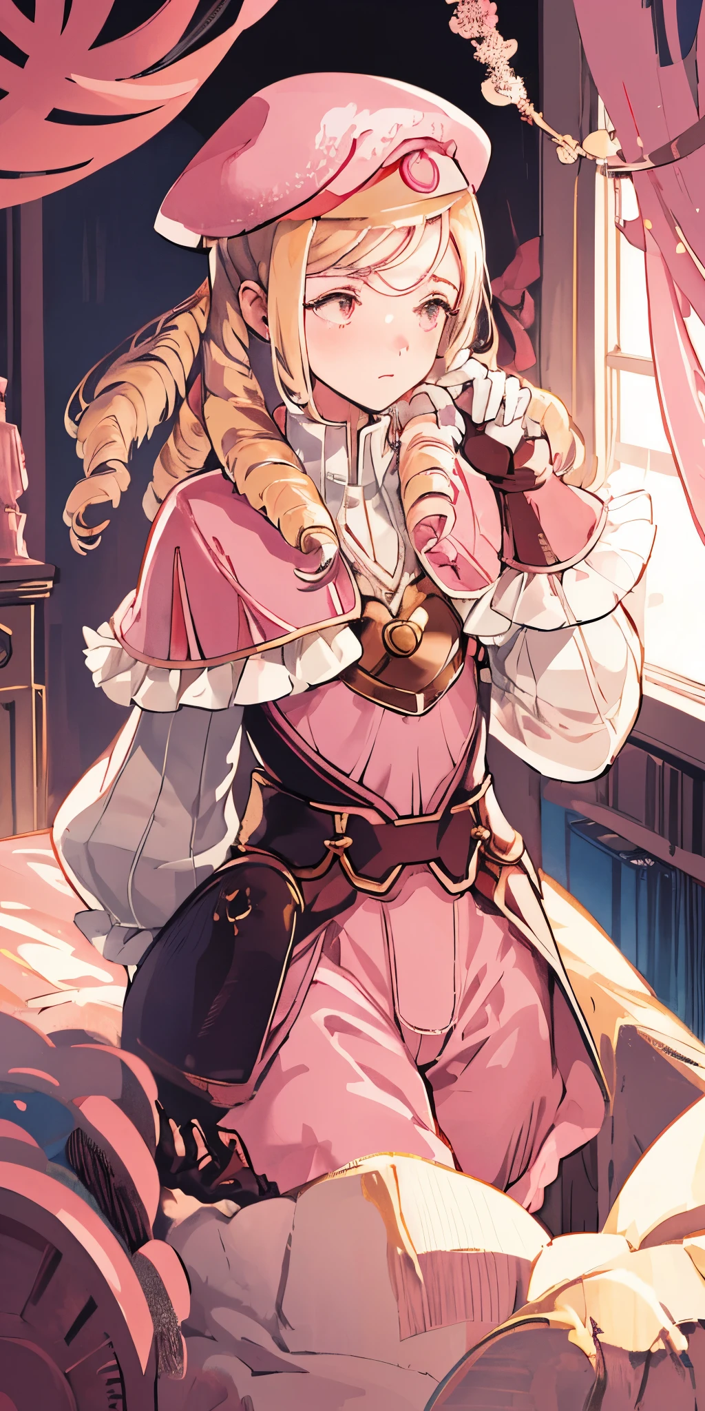 masterpiece, best quality, feforrest, otoko no ko, beret, pink capelet, pink tunic, white pants, brown gloves, upper body, looking at viewer, shy, from above, mansion, room, finely decorated room, pink theme