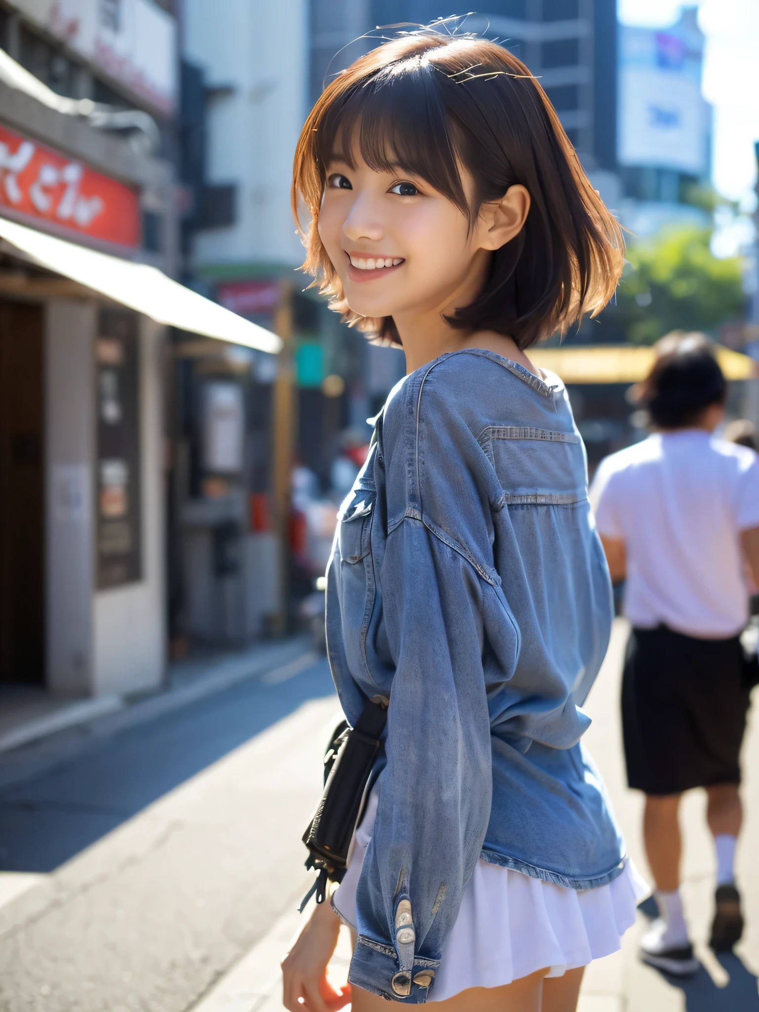 ultra best quality、​masterpiece、超hight resolution、depth of fields、(Photorealsitic:1.4)、(awardwinning photo、信じられないほどの​masterpiece:1.3) 、Raw photography、the golden ratio、the Extremely Detailed CG Unity 8K Wallpapers、Detailed and complex、Original、hight resolution、Raw foto、(perfect body type)、Detailed and complex、Digital SLR、softlighting、(background person blur:1.1)、SIGMA 85 mm F/1.4、50mm Lenac lighting、nffsw、hyper realstic、Color Grade、dynamicposes、Portrait Break、 独奏、short-hair:1.4、girl with、Super beauty、(Full body like:1.2)、japanese bodybian、独奏)、thighs gap、A smile:1.4、University、cute little女子高生、short-cut、Detailed Realistic、Skin Texture、(realistic human skin texture)、Front view View viewer、natural soft light、Daytime、in a street、deep-shadows、cute little、21 years old BREAK、 a street、The state of the store、akihabara、Shinjuku、with no people、(akihabara:1.2)
