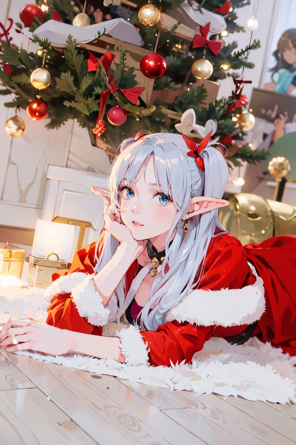 A woman in a Santa costume is lying on the floor, Elf Girl,  Elf Girl, Anime girl , v from devil may cry as 11 o'clock, Anime , Lori, 11 o'clock,  Photo, elf-ears, , a portrait of 11 o'clock, sakimichan, sakimichan, from lineage 2, elfin beauty