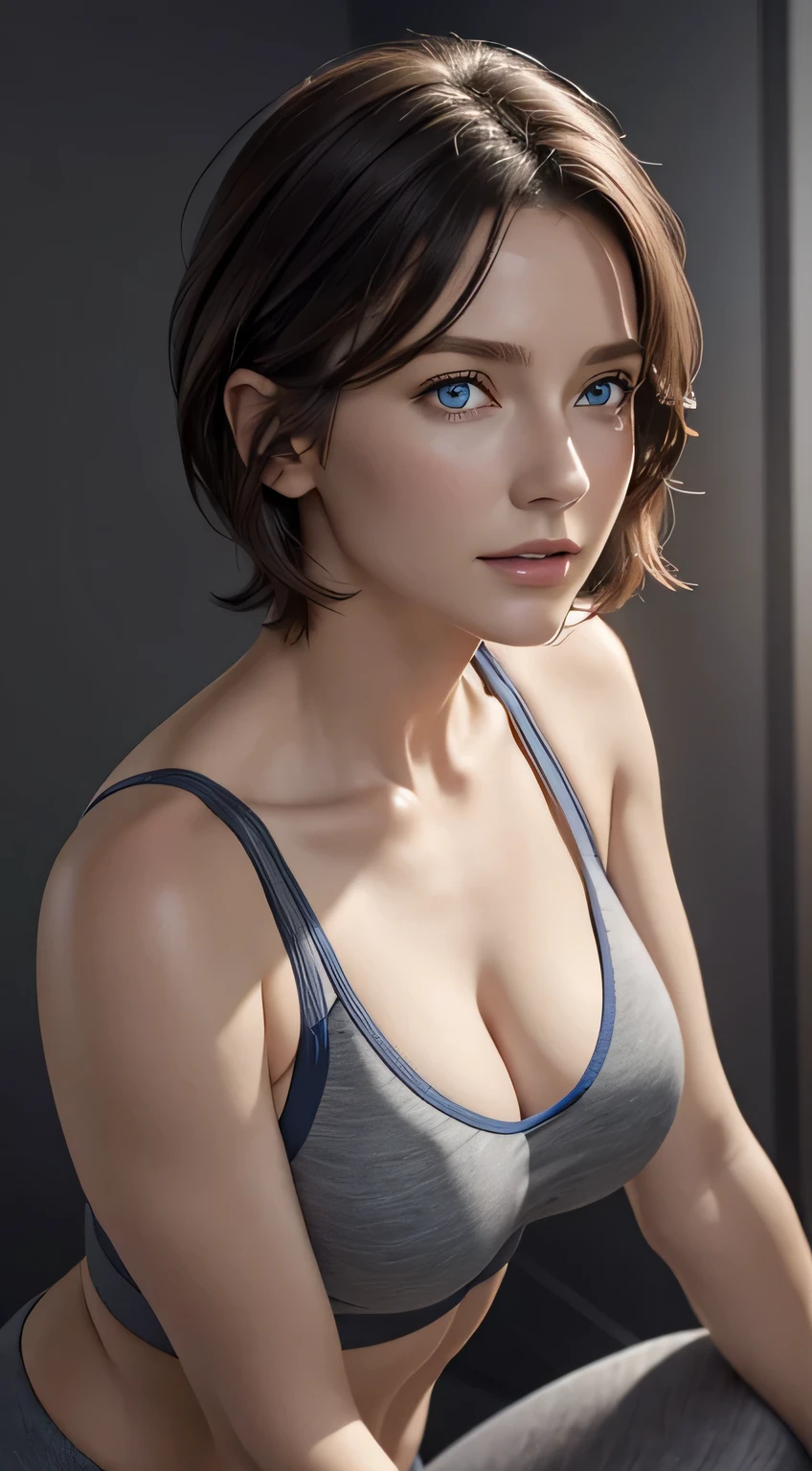 Looking at Viewer, Cinematic lighting, Perfect, softlight, High resolution skin:1.2, Realistic skin texture, 30 years old mature woman、a small face、no-makeup、off shoulders,Bust B Cup、 Exposed cleavage, Blue eyes, Short hair, dark brown  hair、leggins、Sportsbra、fullnude、Gray background