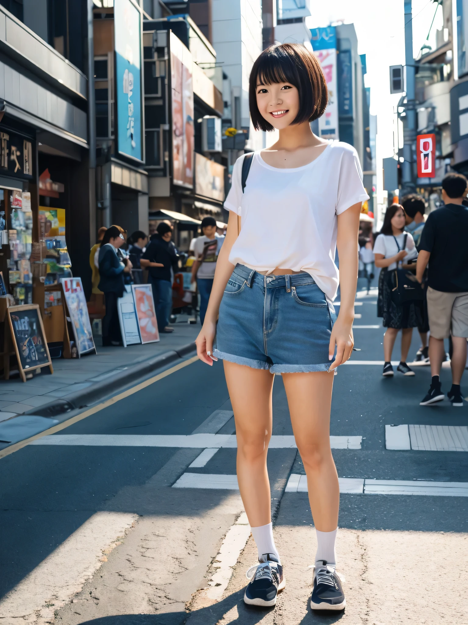 ultra best quality、​masterpiece、超hight resolution、depth of fields、(Photorealsitic:1.4)、(awardwinning photo、信じられないほどの​masterpiece:1.3) 、Raw photography、the golden ratio、the Extremely Detailed CG Unity 8K Wallpapers、Detailed and complex、Original、hight resolution、Raw foto、(perfect body type)、Detailed and complex、Digital SLR、softlighting、(background person blur:1.1)、SIGMA 85 mm F/1.4、50mm Lenac lighting、nffsw、hyper realstic、Color Grade、dynamicposes、Portrait Break、 独奏、short-hair:1.4、girl with、Super beauty、(Full body like:1.2)、japanese bodybian、独奏)、thighs gap、A smile:1.4、University、cute little女子高生、short-cut、Detailed Realistic、Skin Texture、(realistic human skin texture)、Front view View viewer、natural soft light、Daytime、in a street、deep-shadows、cute little、21 years old BREAK、 a street、The state of the store、akihabara、Shinjuku、with no people、(akihabara:1.2)
