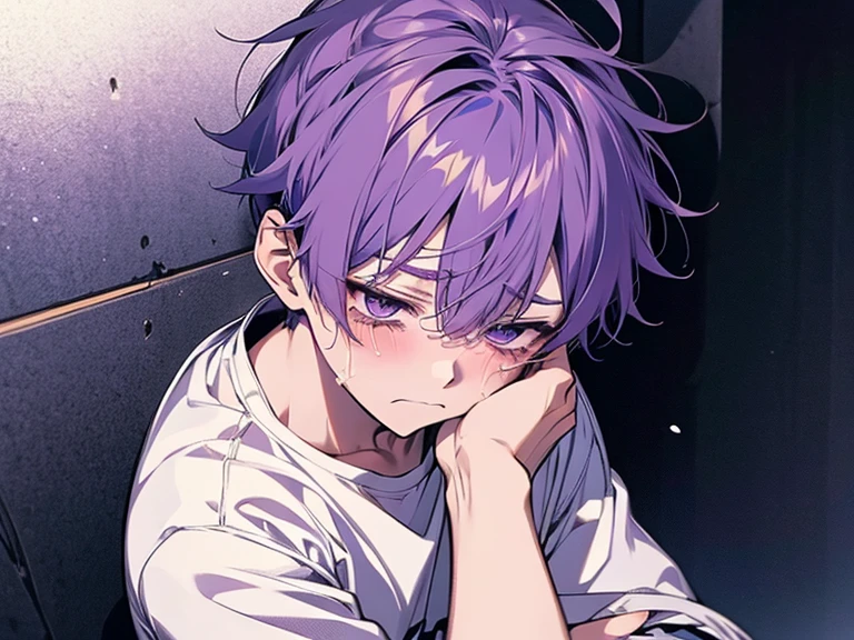 (Stylized as anime+soft cute)male child、purple hair、white shirt、Saddened+cry、