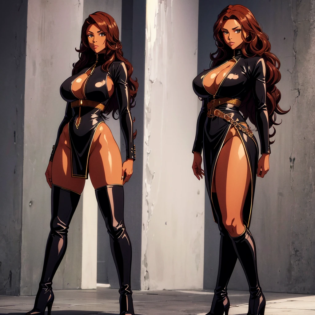 5 ft African American woman with long brown body wave hair and dark brown eyes. wearing black leather outfit and thigh high boots. holding daggers. Curvy body with big boobs and small waist