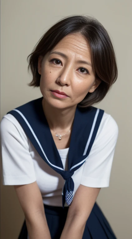 (Best Quality, hight resolution, Hires, Skin definition, Detailed skin, Detailed eyes, Detailed face, 4K, 日本人A MILF, (Solo), (((60 years old))), (Wrinkles at the corners of the eyes:1.8), (nasolabial folds:1.8), A MILF, glamor, A sexy, Chromo-white skin, (((Shortcut Hair))), Looking at Viewer,(((my skin is old))), ((muscles are old)), ((Japanese Models)), 4K, 8K, (photoRealistic:1.5), Realistic, nffsw, Beautiful, (((makeup:1.0))), small diamond necklace, piercings, {(((white and navy sailor))), (((uniform))), (((a sailor suit))), (((neckerchief))), Navel is visible, (((Dark blue pleated skirt))),(micromini skirt)}, lowfers, thick thighs, big butts, wide hips, Curve, ‎Classroom, Spread legs, Squatting, Full body photo