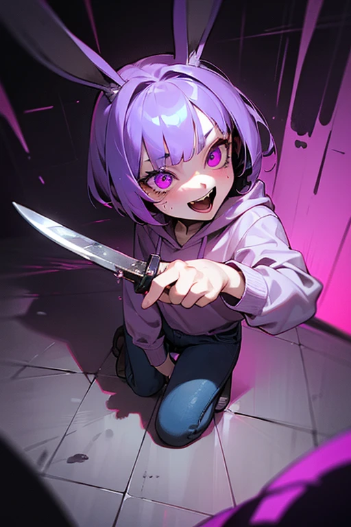 ((Masterpiece)), (high definition:1.professional photo of a:1.2), 8K, From directly above, wideshot, Realistic, Textured skin, cinematic lightweight medium bob), (purple colored hair), (put on black bunny ears), Oversized pink hoodie, bloody, Ripped short denim trousers, glowing violet eyes, (crazy eyes), (the floor is wet with blood), Sit on the ground, (holding a knife in his hand), Creepy and inorganic white concrete room, Very blush, Big purple eyes, Open your mouth wide, (crazy smile), ((Cute young beautiful girl)), sweaty