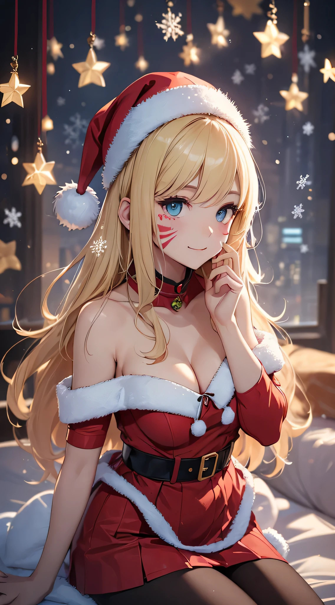 top-quality、Top image quality、​masterpiece、teens girl((Cute Santa Costumes、santa style short skirt、santa style tank top、sixteen years old、 Ager、Best Bust、big bast,Beautiful wide open light blue eyerest, a blond、A slender,Large valleys、Reflecting the whole body、Laugh、dye one's cheeks red、Red Body Paint、Red Face Paint、be shy、wave her hand、sit on the viewer&#39;waistline)),hiquality、Beautiful Art、Background with(( natta、snowflakes falling、Nice and clean room.、Christmas Party、Party Venue、Christmas Lights、Christmas tree、)))、masutepiece、depth of fields,Flying in the sky