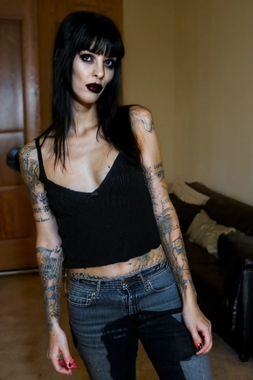 photo, woman, goth, ((peeing self)), black hair, bangs, elvira, tattoos, septum piercing,  standing, skinny jeans, shocked, looking at camera, inside