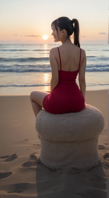 top-quality, ​masterpiece, high-detail, 16k picture quality, The 27-year-old beauty looks elegant in a red tight fit, (red sleeveless knit dress), Emphasize her charm. she is sitting on the beach at sunset, (Side Ponytail), her dress hugs her figure, Flaunt your bust and perfect waistline. Her hair, , falling like threads of silk surrounding her face.(full body toilet～:1.3)Toe to toe,High resolution,(This seductive woman is sitting on the sand on the beach and smiling)、Sit facing left,( back shot taken from behind),As the bright sun sinks below the horizon, その輝くビームがHer hairを捕らえます, Make it glow warm, Ethereal light. the sound of calm sea waves、Provides a serene backdrop for this captivating scene, An enchanting woman meets an enchanting sunset、A place that forms a tableau of timeless beauty and charm on a quiet beach.,
