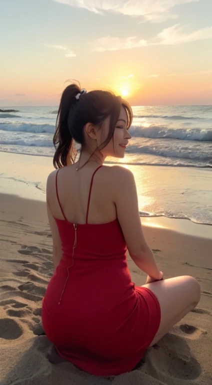 top-quality, ​masterpiece, high-detail, 16k picture quality, The 27-year-old beauty looks elegant in a red tight fit, (red sleeveless knit dress), Emphasize her charm. she is sitting on the beach at sunset, (Side Ponytail), her dress hugs her figure, Flaunt your bust and perfect waistline. Her hair, , falling like threads of silk surrounding her face.(full body toilet～:1.3)Toe to toe,High resolution,(This seductive woman is sitting on the sand on the beach and smiling)、Sit facing left,( back shot taken from behind),As the bright sun sinks below the horizon, その輝くビームがHer hairを捕らえます, Make it glow warm, Ethereal light. the sound of calm sea waves、Provides a serene backdrop for this captivating scene, An enchanting woman meets an enchanting sunset、A place that forms a tableau of timeless beauty and charm on a quiet beach.,