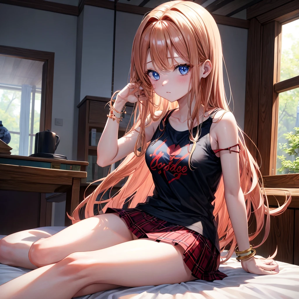 red blonde、blue eyess、one good looking girl、独奏、animesque、Plaid miniskirt、Black T-shirt、camisole、the woods、Sunlight、inside in room、sitting on、has a blanket over his head、bare-legged,