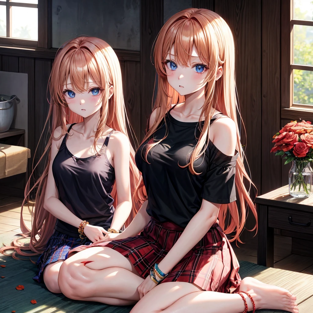 red blonde、blue eyess、one good looking girl、独奏、animesque、Plaid miniskirt、Black T-shirt、camisole、the woods、Sunlight、inside in room、sitting on、has a blanket over his head、bare-legged、flower bracelet
