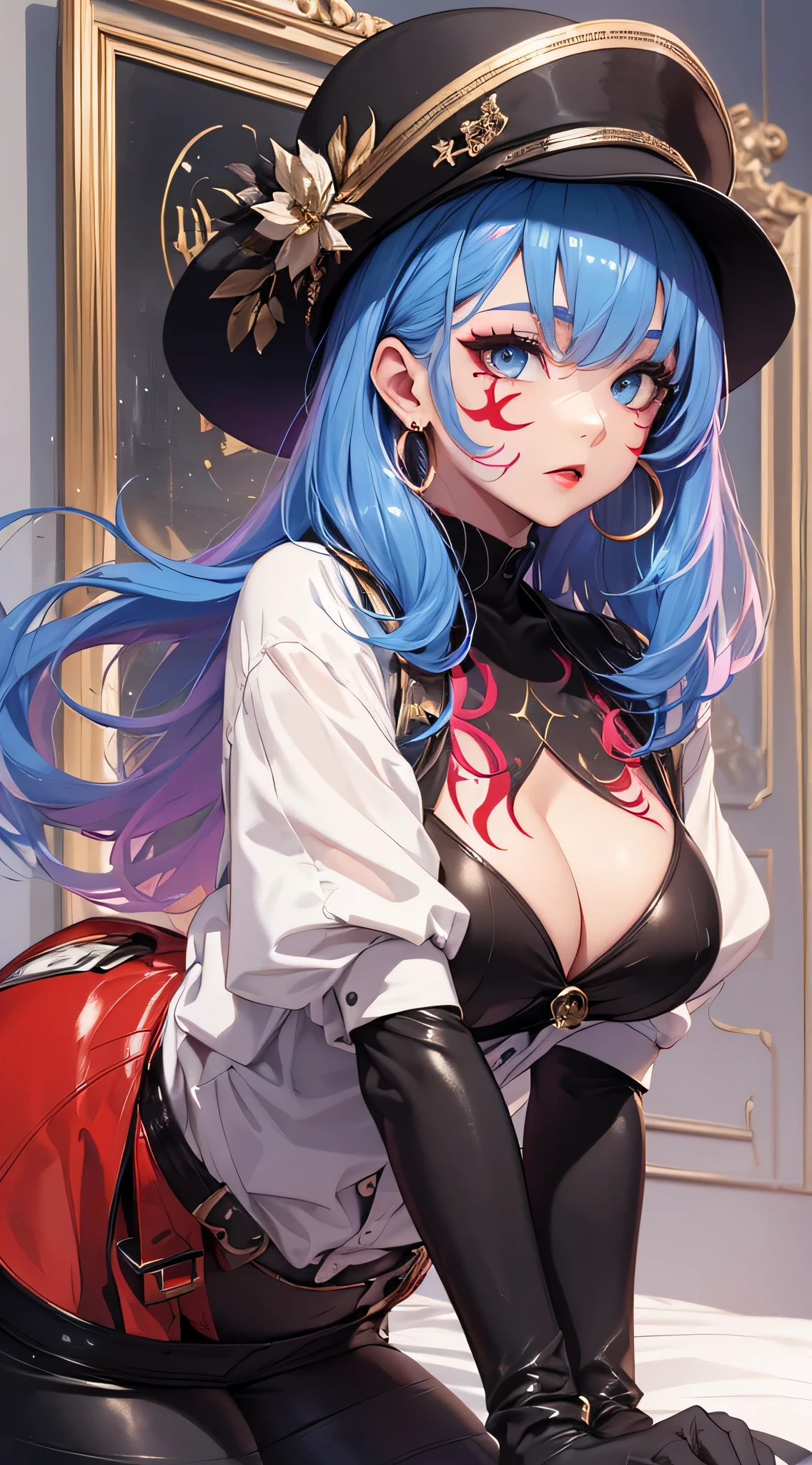 top-quality、Top image quality、masterpiece、age girl((White shirt、Long black trousers、18year old、 Ager、Best Bust、big bast,Black eyes, blue hairs、A slender,Large valleys、red lipstick makeup、Cute earrings、銀の腕時計、Bring your chest together、Sit up、Eyeshadow that colors your eyes with a captivating pose、all-fours、Red Body Paint、blue face paint、gal make、Cool hat、lion imitation)),hiquality、Beautiful Art、Background with((white walls、Photography Studio))masterpiece、depth of fields,Camera Film Style