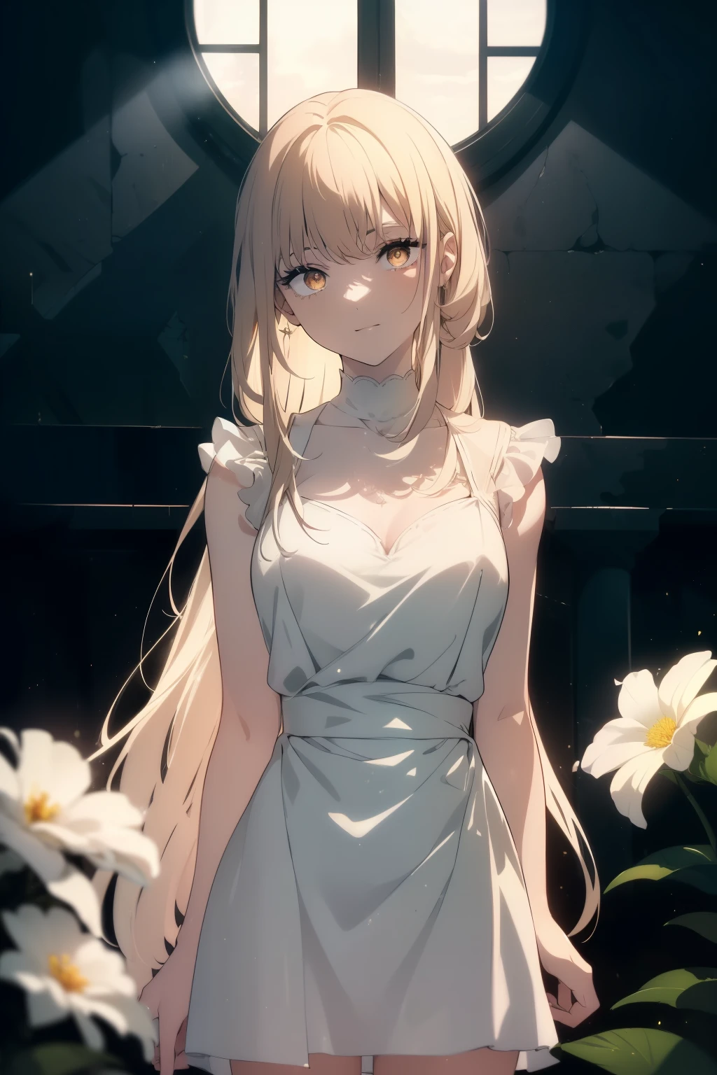 ((((Obra maestra, La mejor calidad, ultrahigh resolution)))), 1girl, standing, ((wearing white summer dress)), long hair cut, pale skin, ((brown eyes)), (glowing_eyes, luminescent eyes), (ultra detailed eyes:0.7, beautiful and detailed face, detailed eyes:0.9), ((centered)), smile, ((wide shot)), facing viewer, (((vibrant background of outside, flowers, bright lighting, summer, sunlight))), flat chested, looking at viewer, ((perfect hands)), ((head:1, hips, elbows, arms, in view)), ((hands behind back)), beautiful lighting, defined subject, (25 years old), ((cool looking)), ((slight breeze in hair, vintage sun glare))