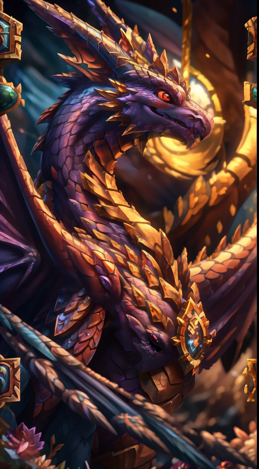 purple and gold dragon with red eyes and wings flying in the sky, d&d commision art dragon, colossal dragon as background, wow 4 k detail fantasy, wyvern, hearthstone card art, dragon vore art, hyperrealistic d & d fantasy art, hearthstone art, hearthstone card artwork, very cute purple dragon, hearthstone weapon art, epic fantasy card game art