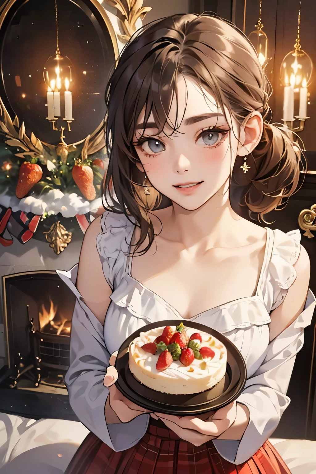 (absurdres, highres, ultra detailed), 1woman, finely detailed eyes and detailed face, extremely detailed CG unity 8k wallpaper, intricate details, solo, upper body, detailed background, close up, detailed face, dynamic pose, epic ethereal atmosphere, portrait, ((masterpiece)), surrounded by dried flowers, dried flowers everywhere, long brown hair, red eyes, brown chinese jacket with long sleeves, brown hat, black shorts, white socks, holding a cake