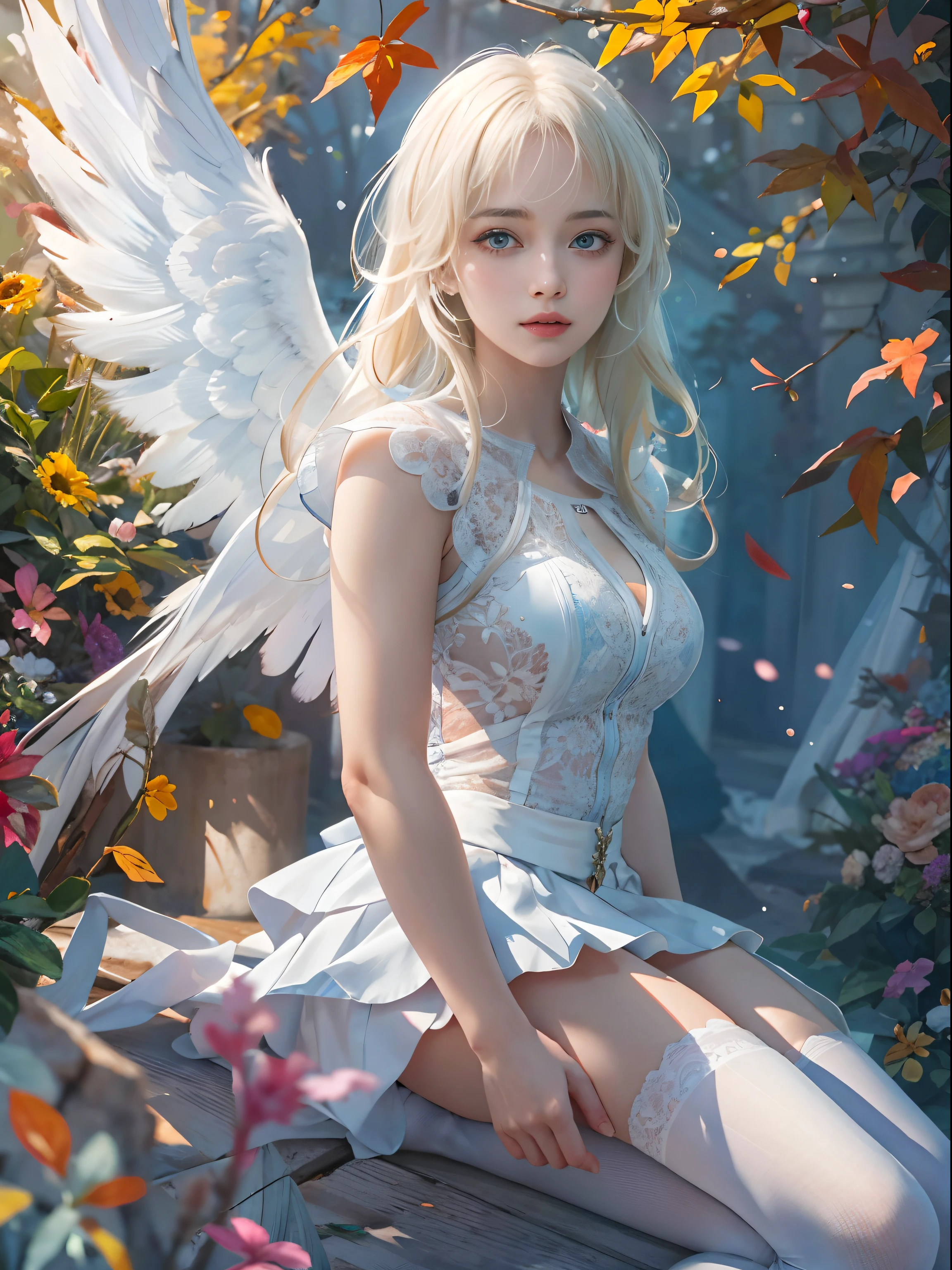 (tmasterpiece:1.2, Best quality at best:1.2), Full body lesbian, Alia has waist-length blond hair,Often beaten into loose waves, Her sparkling blue eyes reflect her optimism. Her skin is fair and rosy,an cheeks, She is slender,Muscular,Reflects her active lifestyle. She wears a white sleeveless shirt,Blue ribbon and white pleated skirt,fell above the knee. Arya's pure white wings are always visible on her back, Symbolizing her angelic status, Ray traching, globalillumination, Extremely Delicately Beautiful, The best shadow, shallowdepthoffield, Brilliant and colorful paintings, Dramatic shadows, dramatic lights, Focus sharp, (8K), (4K), The is very detailed, iintricate, ultra - detailed,White stockings