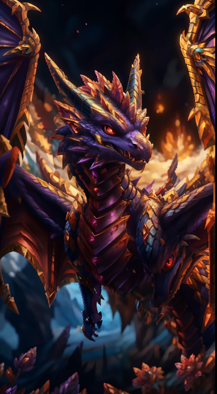 purple and gold dragon with red eyes and wings flying in the sky, d&d commision art dragon, colossal dragon as background, wow 4 k detail fantasy, wyvern, hearthstone card art, dragon vore art, hyperrealistic d & d fantasy art, hearthstone art, hearthstone card artwork, very cute purple dragon, hearthstone weapon art, epic fantasy card game art