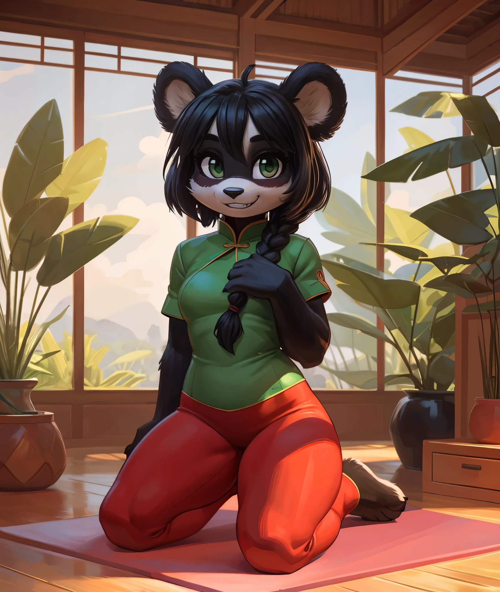 [Yaya Panda], [Uploaded to e621.net; (Pixelsketcher), (wamudraws)], ((masterpiece)), ((HD)), ((solo portrait)), ((full body)), ((front view)), ((feet visible)), ((furry; anthro)), ((detailed fur)), ((detailed shading)), ((beautiful render art)), ((intricate details)), {anthro panda; (black fur), (white fur), black nose, (cute green eyes), (short eyelashes), black hair, braided ponytail, (curvy hips), (beautiful legs), (beautiful paws), (blushing), (cute grin)}, {(chinese clothing), (green shirt), (red yoga pants)}, {(on yoga mat), (kneeling), (looking at viewer)}, [background; (bamboo forest), (living room), (window), (blue sky), (cloudy)]