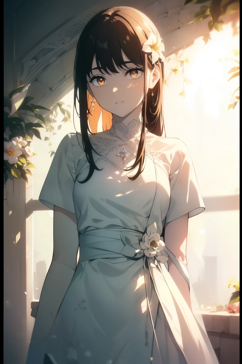 ((((Obra maestra, La mejor calidad, ultrahigh resolution)))), 1girl, standing, ((wearing white summer dress)), long hair cut, pale skin, ((brown eyes)), (glowing_eyes, luminescent eyes), (ultra detailed eyes:0.7, beautiful and detailed face, detailed eyes:0.9), ((centered)), smile, ((wide shot)), facing viewer, (((vibrant background of outside, flowers, bright lighting, summer, sunlight))), flat chested, looking at viewer, ((perfect hands)), ((head:1, hips, elbows, arms, in view)), ((hands behind back)), beautiful lighting, defined subject, (13 years old), ((cool looking)), ((slight breeze in hair, vintage sun glare))