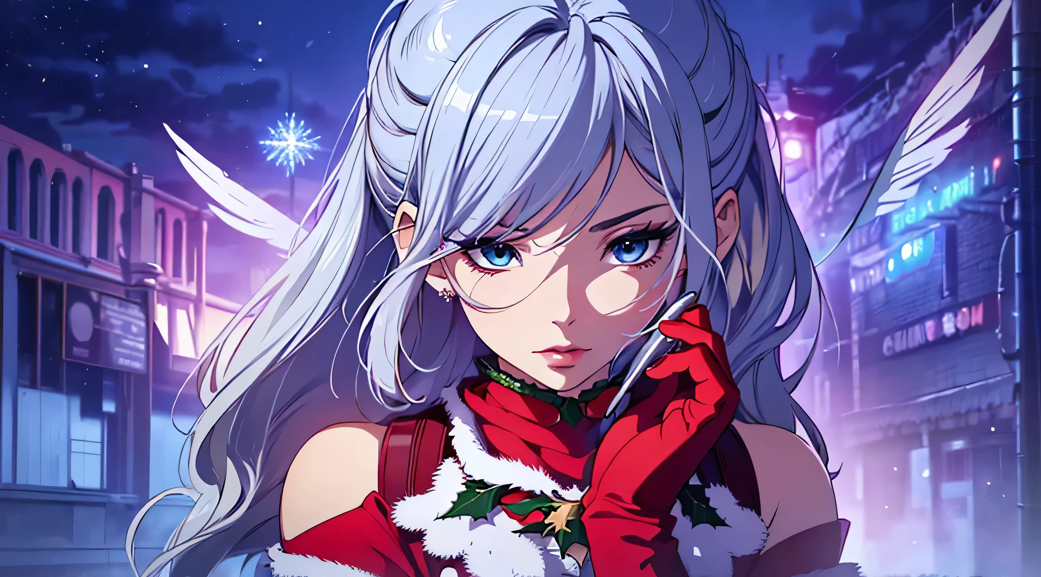 (Best quality at best,A high resolution:1.2),ultra - detailed,(actual:1.37),detailed eyes and face,Long eyelashes,詳細な唇,pretty eyes,beautifullips,blink at the screen,Red gloves,Dressed in Christmas clothes,Holding gift and feather stick,A slightly shy expression,Members of the Demonic and Puppet Kingdom Army,The most powerful vampire who ever ruled the night.