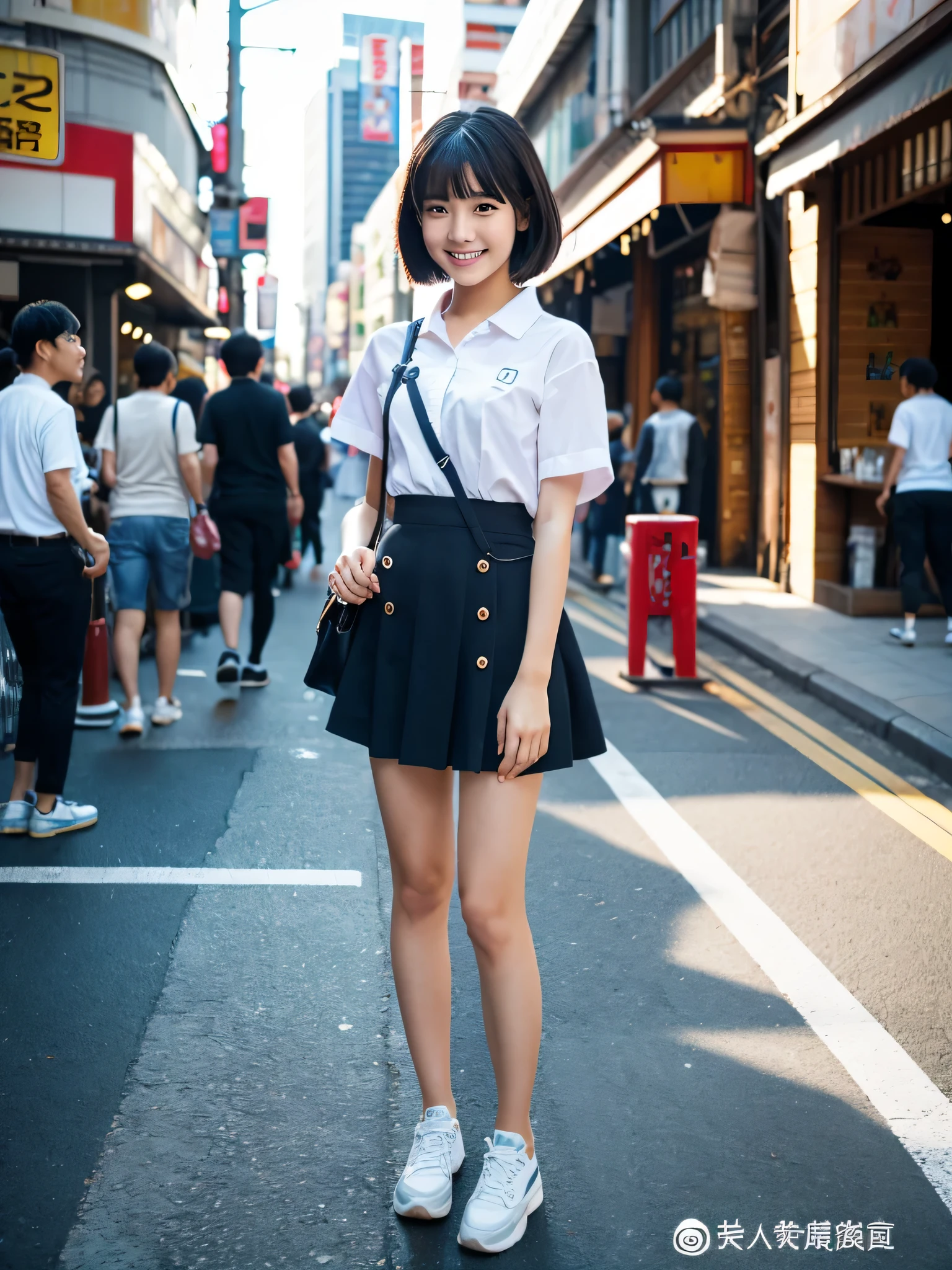 ultra best quality、masterpiece、超hight resolution、depth of fields、(Photorealsitic:1.4)、(awardwinning photo、信じられないほどのmasterpiece:1.3) 、Raw photography、the golden ratio、the Extremely Detailed CG Unity 8K Wallpapers、Detailed and complex、Original、hight resolution、Raw foto、(perfect body type)、Detailed and complex、Digital SLR、softlighting、(background person blur:1.1)、SIGMA 85 mm F/1.4、50mm Lenac lighting、nffsw、hyper realstic、Color Grade、dynamicposes、Portrait Break、 独奏、short-hair:1.4、girl with、Super beauty、(Full body like:1.2)、japanese bodybian、独奏)、thighs gap、A smile:1.4、University、cute little女子高生、short-cut、Detailed Realistic、Skin Texture、(realistic human skin texture)、Front view View viewer、natural soft light、Daytime、in a street、deep-shadows、cute little、21 years old BREAK、 a street、The state of the store、akihabara、Shinjuku、with no people、(akihabara:1.2)