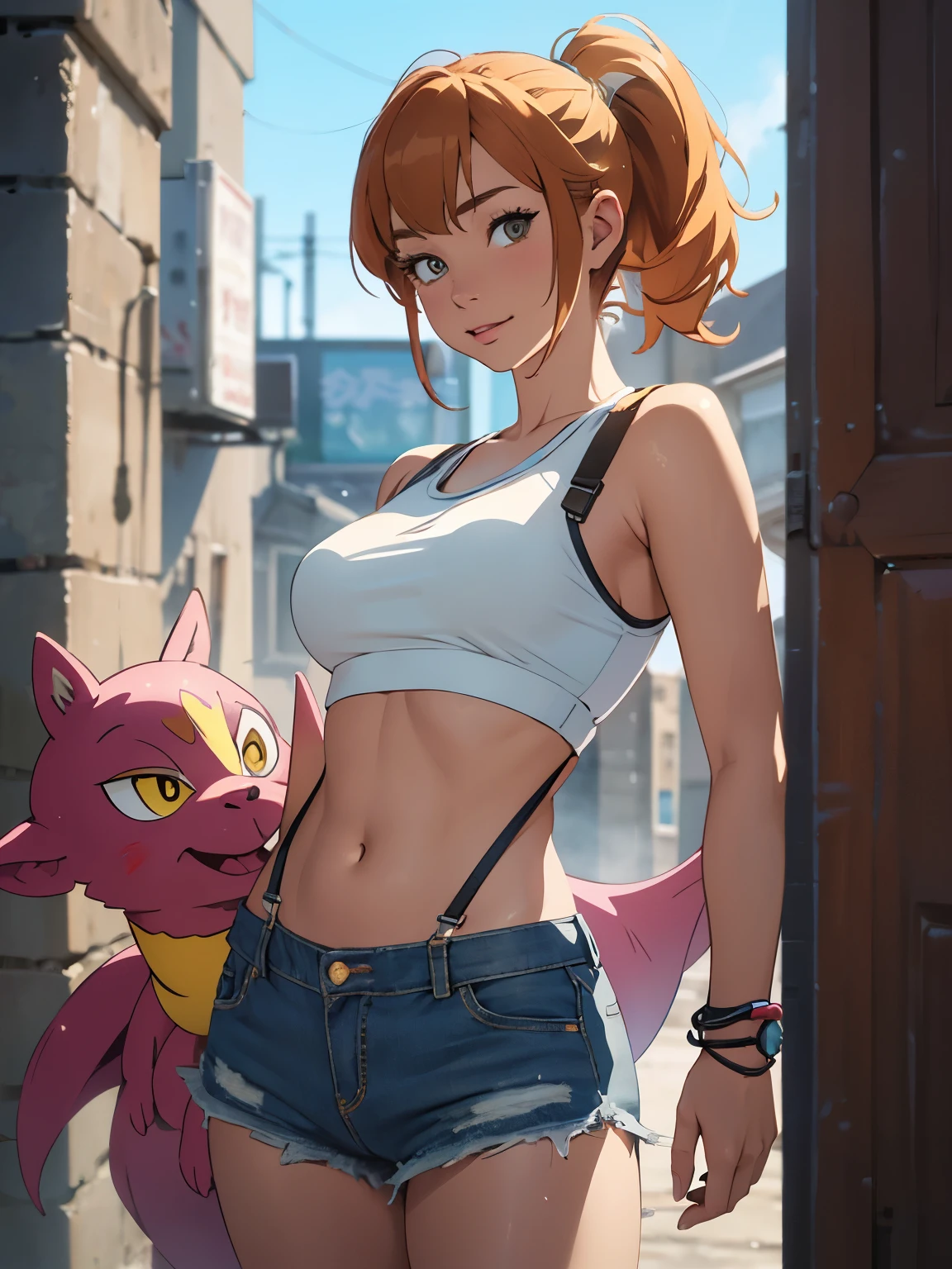 1girl, Misty from Pokémon, standing outdoors with a confident smile. Orange hair styled in a side ponytail, wearing denim shorts with suspenders, yellow crop top that shows off her midriff and navel. Yellow tank top. Cowboy shot posture exudes confidence and strength.
Misty is accompanied by a cute Dragon.
Overall, the image is a masterpiece, with high-quality details and a realistic rendering of Misty, her outfit, and her companion dragon. The colors are vivid and eye-catching, and the image is high-resolution, capturing every nuance of Misty's confident and adventurous spirit.
