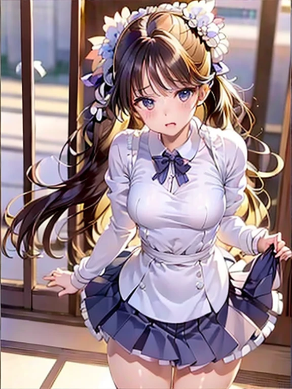 (Best quality at best,8K,actual:1.37),Japanese cartoon,Girl in JK uniform,16yo girl,mesmerizing eyes,attractive lips,detailed hairstyles,Shoulder-length hair,beautiful hairl,Bedroom scene,is shy,,Cute pose,Playful,Pout,Pubic hair shows through,amazing scenery,Floor mirrors,gentlesoftlighting,adorable expression,Schoolgirl Innocence,Playful atmosphere,pastelcolor,hair adornments,pleatedskirt,White stockings,School atmosphere,white colors,