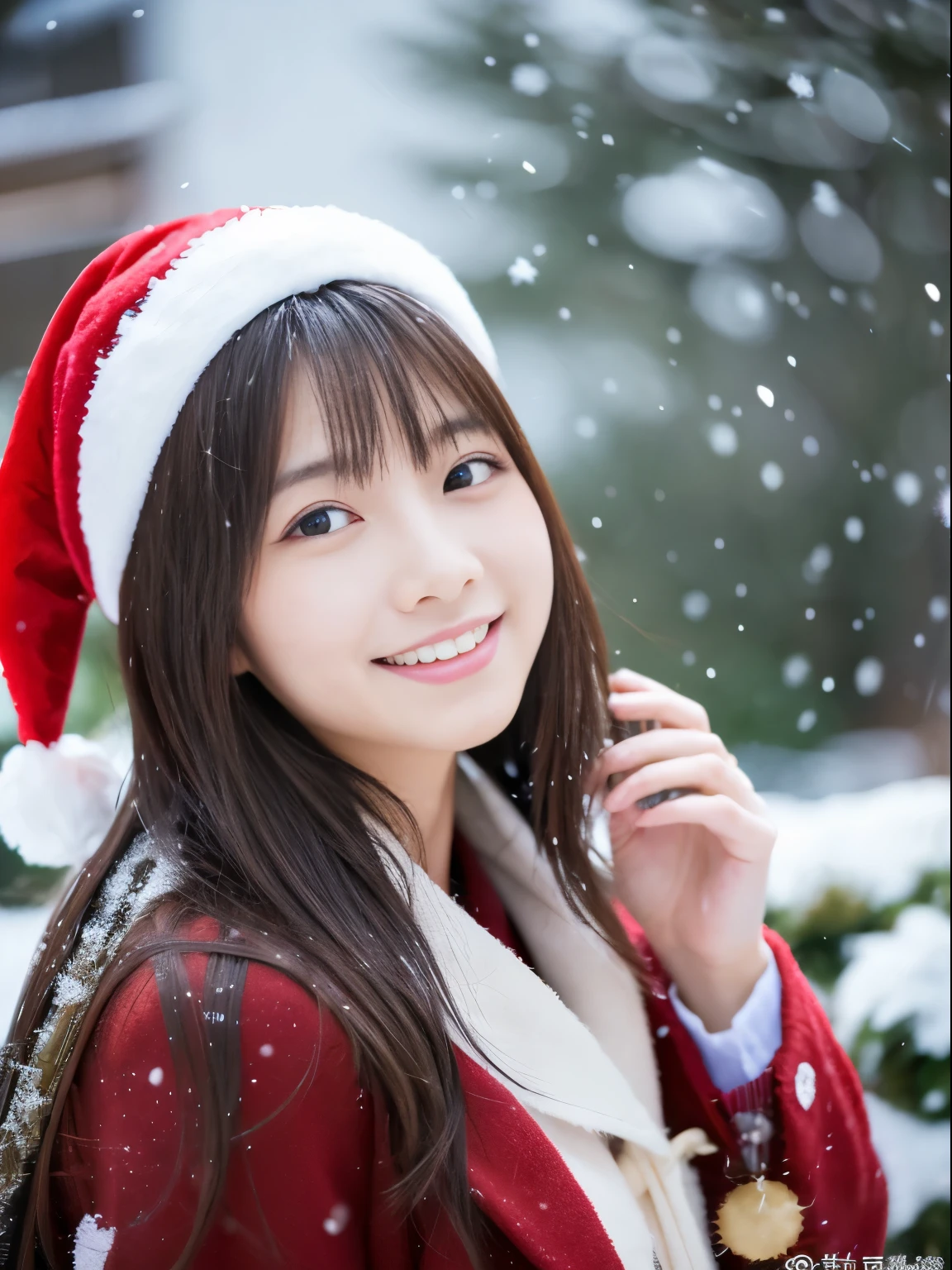 top-quality、​masterpiece、超A high resolution、Raw photography、(Photorealsitic:1.4)、女の子1人、While watching the snow falling quietly. Christmas Cityscape、Smile in Santa costume、Her introspective and tearful expression、Makes you feel longing for winter nights and melancholy。。。。。。。。。、top-quality、hyper HD、奈良美智, Japanese Models, Beautiful Japan wife, With short hair, 27yo女性モデル, 4 k ], 4K], 27yo, sakimichan, sakimichan