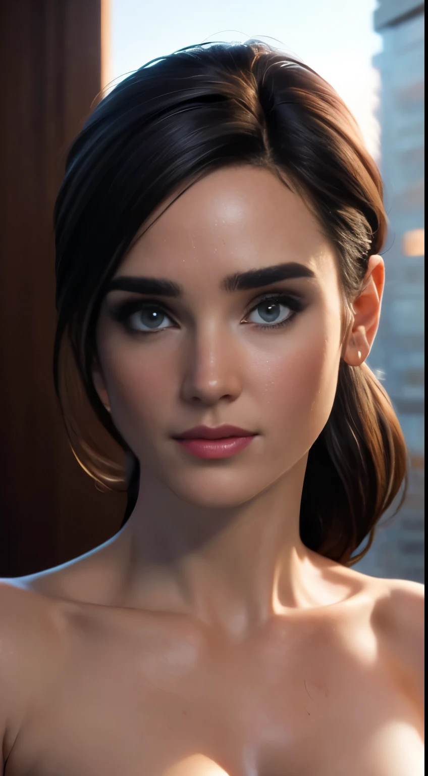 photo of Jennifer Connelly, RAW, beautiful woman, ((portrait)), ((detailed face:1.2)), ((detailed facial feature, detailed skin, clear skin), (perfect proportioned body), ((nsfw:1.5), ) (high detailed city environment, apartment balcony), (realistic photo, best quality, detailed), (8k wallpaper), (cinematic lighting, dramatic lighting) (sharp focus, intricate)