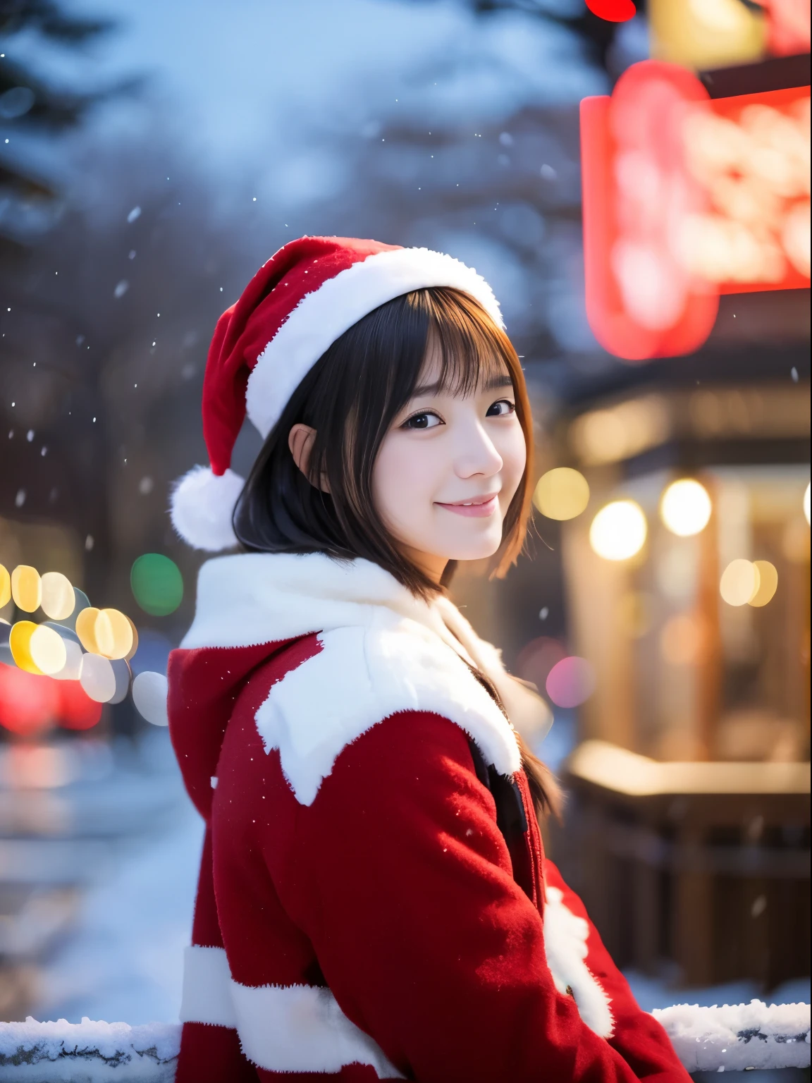 top-quality、​masterpiece、超A high resolution、Raw photography、(Photorealsitic:1.4)、女の子1人、While watching the snow falling quietly. Christmas Cityscape、Smile in Santa costume、Her introspective and tearful expression、Makes you feel longing for winter nights and melancholy。。。。。。。。。、top-quality、hyper HD、奈良美智, Japanese Models, Beautiful Japan wife, With short hair, 27yo女性モデル, 4 k ], 4K], 27yo, sakimichan, sakimichan