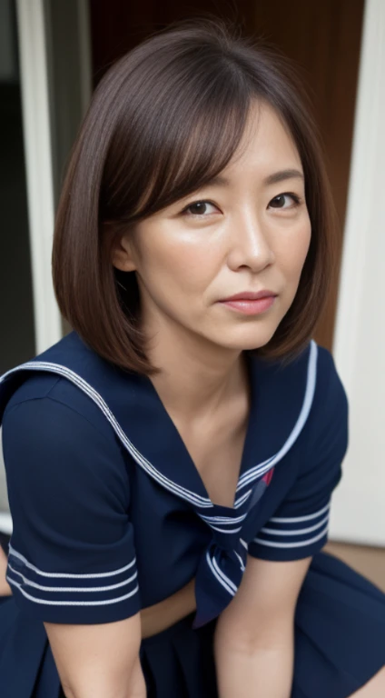(Best Quality, hight resolution, Hires, Skin definition, Detailed skin, Detailed eyes, Detailed face, 4K, 日本人A MILF, (Solo), (((60 years old))), (Wrinkles at the corners of the eyes:1.8), (nasolabial folds:1.8), A MILF, glamor, A sexy, Chromo-white skin, (((Bob Cut Hair))), Looking at Viewer,(((my skin is old))), ((muscles are old)), ((Japanese Models)), 4K, 8K, (photoRealistic:1.5), Realistic, nffsw, Beautiful, (((makeup:1.0))), small diamond necklace, piercings, {(((white and navy sailor))), (((uniform))), (((a sailor suit))), (((neckerchief))), Navel is visible, (((Dark blue pleated skirt))),(micromini skirt)}, lowfers, thick thighs, big butts, wide hips, Curve, Classroom, Spread legs, Squatting, Full body photo