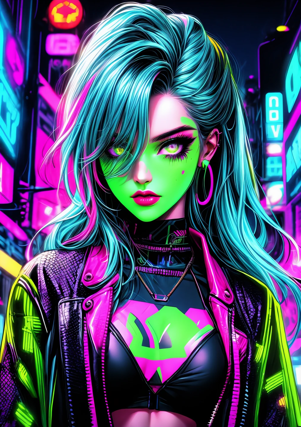 a close up of a woman with a snake on her hand, raver girl, cyberpunk vibrant colors, intricate artwork. neon eyes, brandon woelfel, neon cyberpunk colors, trippy vibrant colors, hyper colorful, colorfull digital fantasy art, neon light and fantasy, rave girl, neon cyberpunk vibrant colors, happy trippy mood, neon lenses, cyberpunk vibes