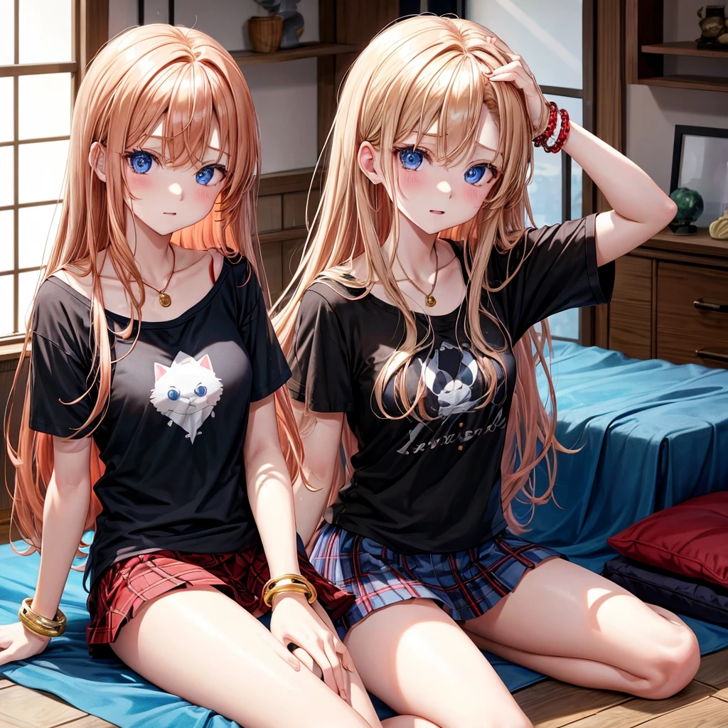 red blonde、blue eyess、one good looking girl、独奏、animesque、Plaid miniskirt、Black T-shirt、camisole、the woods、Sunlight、inside in room、sitting on、has a blanket over his head、bare-legged、cute bracelet
