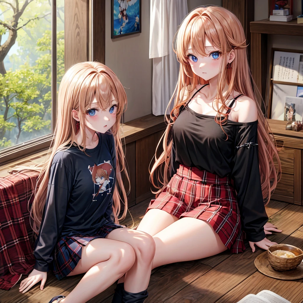 red blonde、blue eyess、one good looking girl、独奏、animesque、Plaid miniskirt、Black T-shirt、camisole、the woods、Sunlight、inside in room、sitting on、has a blanket over his head、bare-legged、cute bracelet