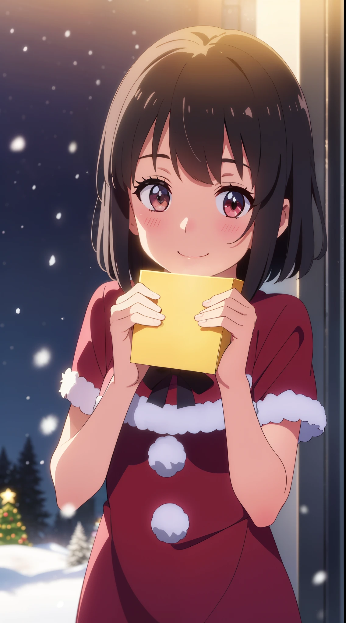shinkai makoto, kimi no na wa., 1girl, 1boy, bangs, black hair, blush, bright eyes, brown eyes, red bow, red ribbon, short hair, shiny skin, smile, cute, beautiful, perfect hands, short sleeves, looking at the viewer, Santa Claus costume, Sweet face, red christmas dresses, warm light, snowflakes falling, steam, snow, christmas tree, outdoors, ht, Nigcity, City of Snow