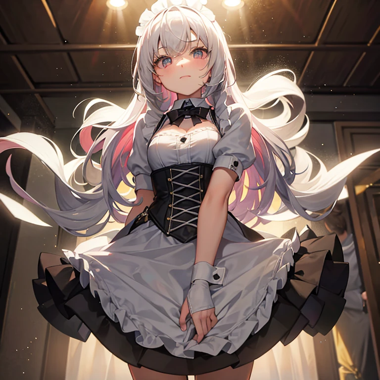 the maid outfit,spotlight lights,Shy teenage girl,
