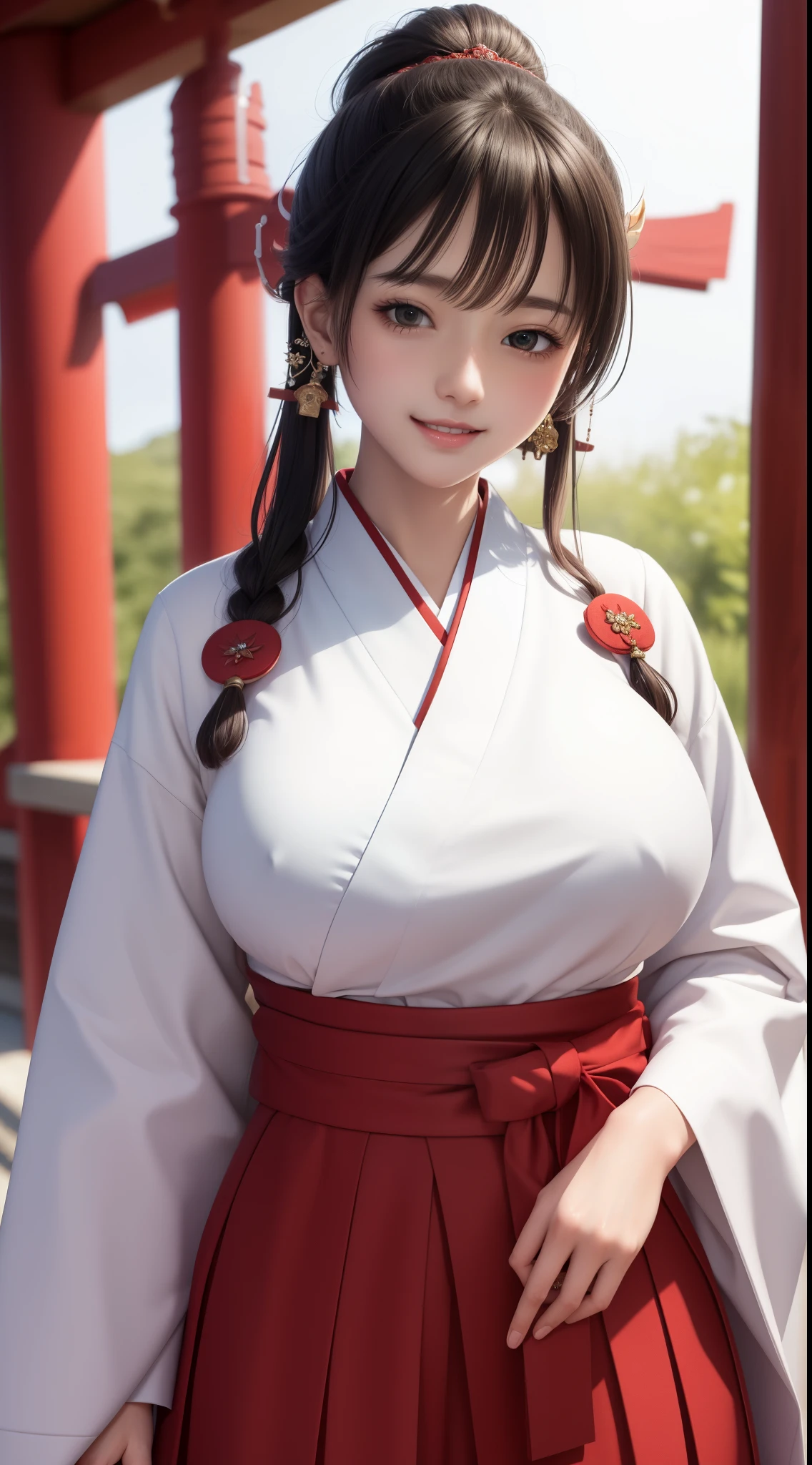 ((masterpiece)), (best quality), official art, extremely detailed CG, unity 8k wallpaper, ultra detailed, hairclip, miko, japanese clothes, red hakama skirt masterpiece, best quality, absurdres, shinto shrine, looking at viewer, upper body, smile, huge breasts,
