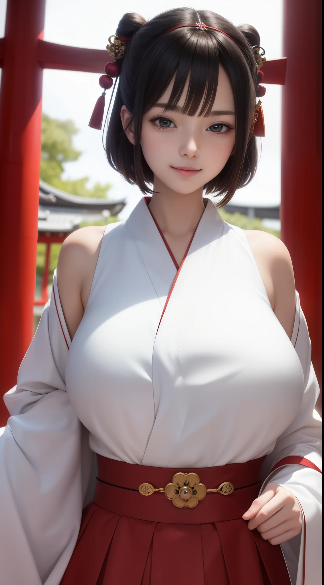 ((masterpiece)), (best quality), official art, extremely detailed CG, unity 8k wallpaper, ultra detailed, hairclip, miko, japanese clothes, red hakama skirt masterpiece, best quality, absurdres, shinto shrine, looking at viewer, upper body, smile, huge breasts,