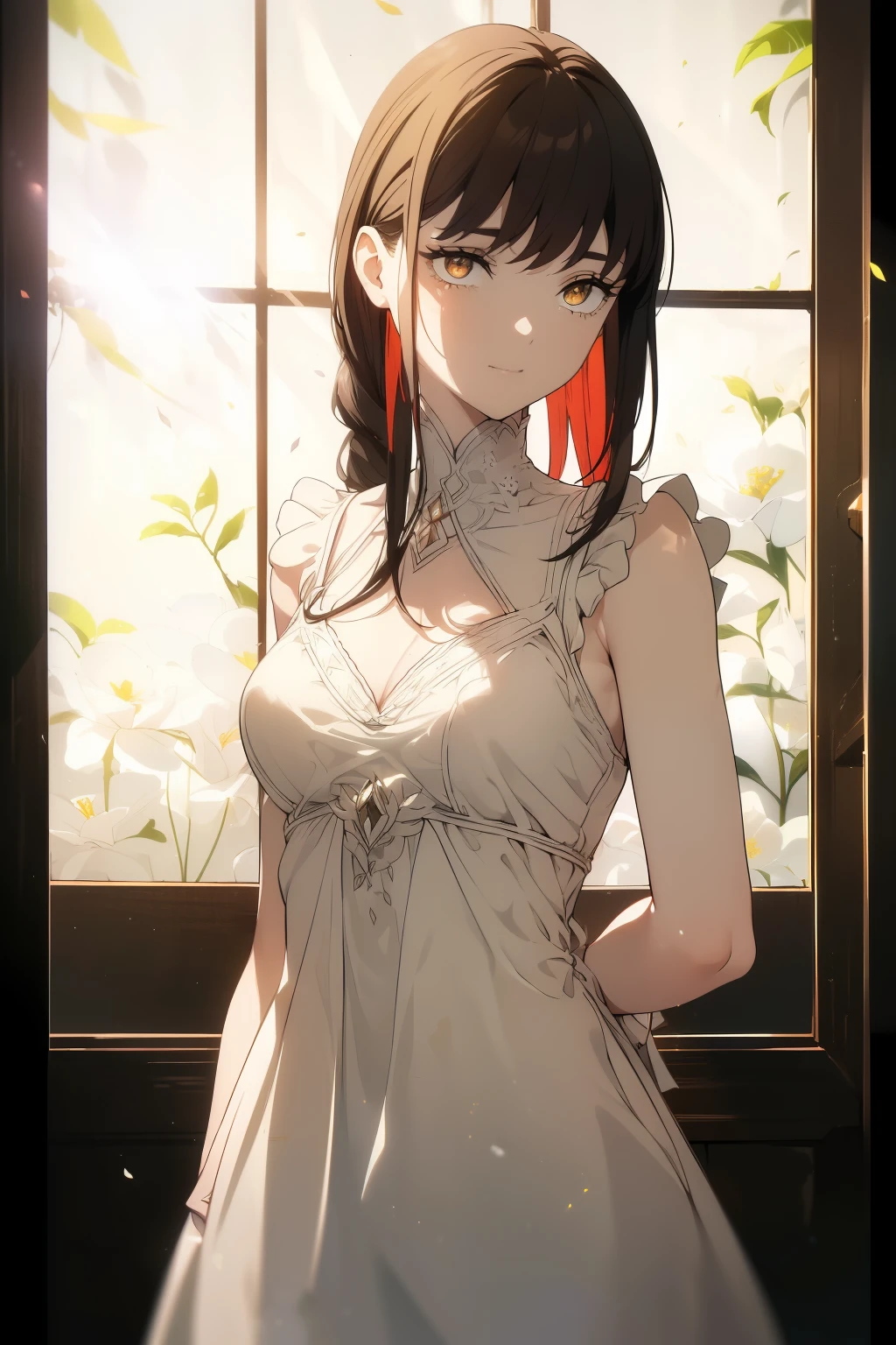 ((((Obra maestra, La mejor calidad, ultrahigh resolution)))), 1girl, standing, ((wearing white summer dress)), long hair cut, pale skin, ((brown eyes)), (glowing_eyes, luminescent eyes), (ultra detailed eyes:0.7, beautiful and detailed face, detailed eyes:0.9), ((centered)), smile, ((wide shot)), facing viewer, (((vibrant background of outside, flowers, bright lighting, summer, sunlight))), flat chested, looking at viewer, ((perfect hands)), ((head:1, hips, elbows, arms, in view)), ((hands behind back)), beautiful lighting, defined subject, (13 years old), ((cool looking)), ((slight breeze in hair, vintage sun glare))