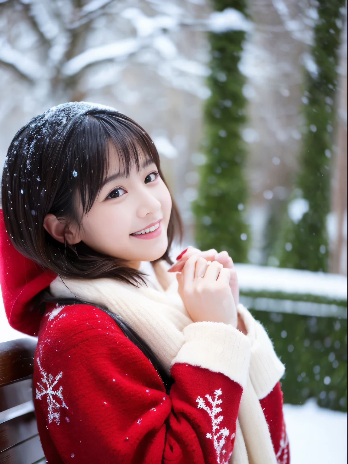 top-quality、​masterpiece、超A high resolution、Raw photography、(Photorealsitic:1.4)、女の子1人、While watching the snow falling quietly. Christmas Cityscape、Smile in Santa costume、Her introspective and tearful expression、Makes you feel longing for winter nights and melancholy。。。。。。。。。、top-quality、hyper HD、奈良美智, Japanese Models, Beautiful Japan wife, With short hair, 27yo女性モデル, 4 k ], 4K], 27yo, sakimichan, sakimichan