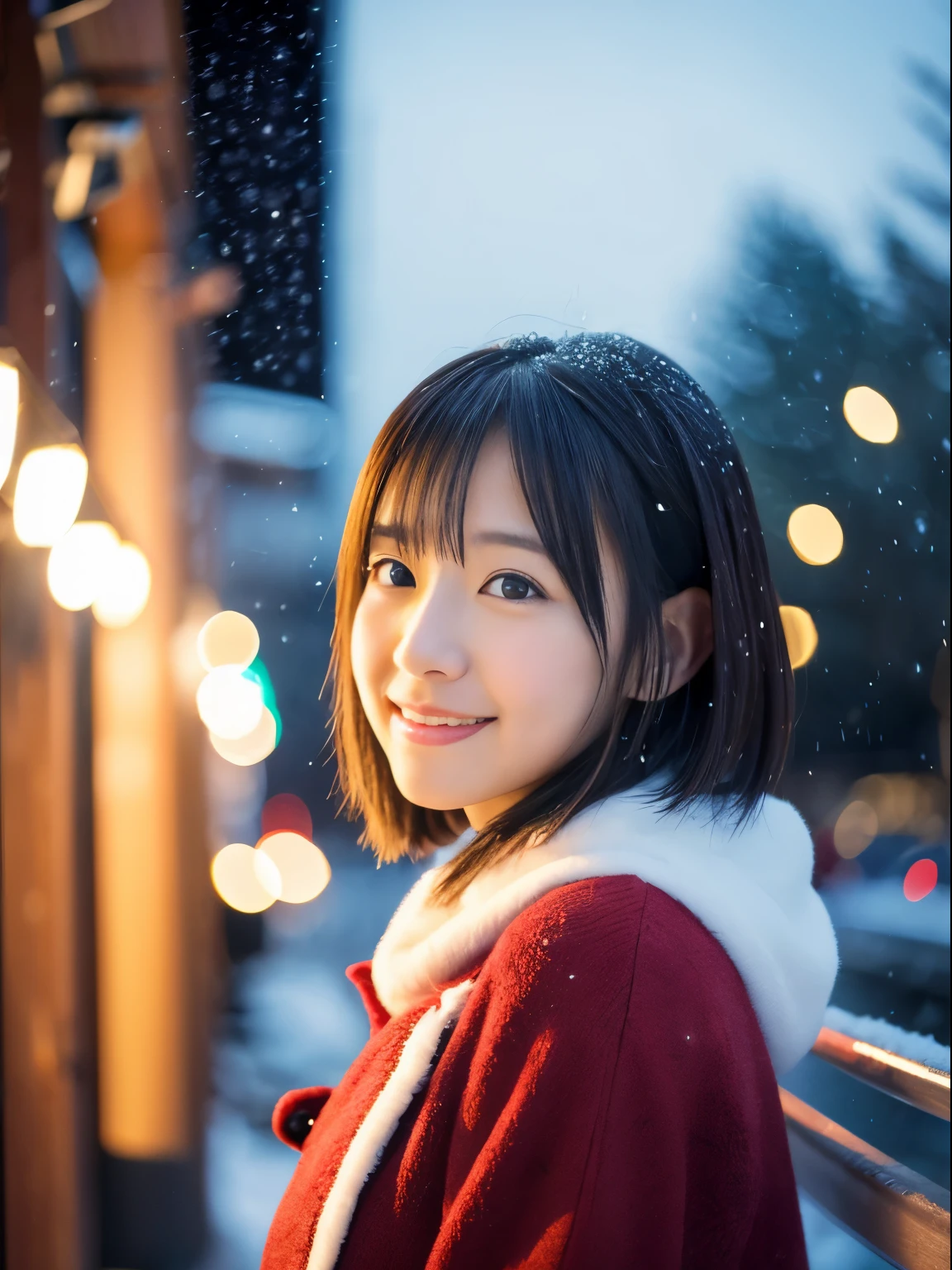 top-quality、​masterpiece、超A high resolution、Raw photography、(Photorealsitic:1.4)、***1人、While watching the snow falling quietly. Christmas Cityscape、Smile in Santa costume、Her introspective and tearful expression、Makes you feel longing for winter nights and melancholy。。。。。。。。。、top-quality、hyper HD、奈良美智, Japanese Models, Beautiful Japan wife, With short hair, 27yo女性モデル, 4 k ], 4K], 27yo, sakimichan, sakimichan