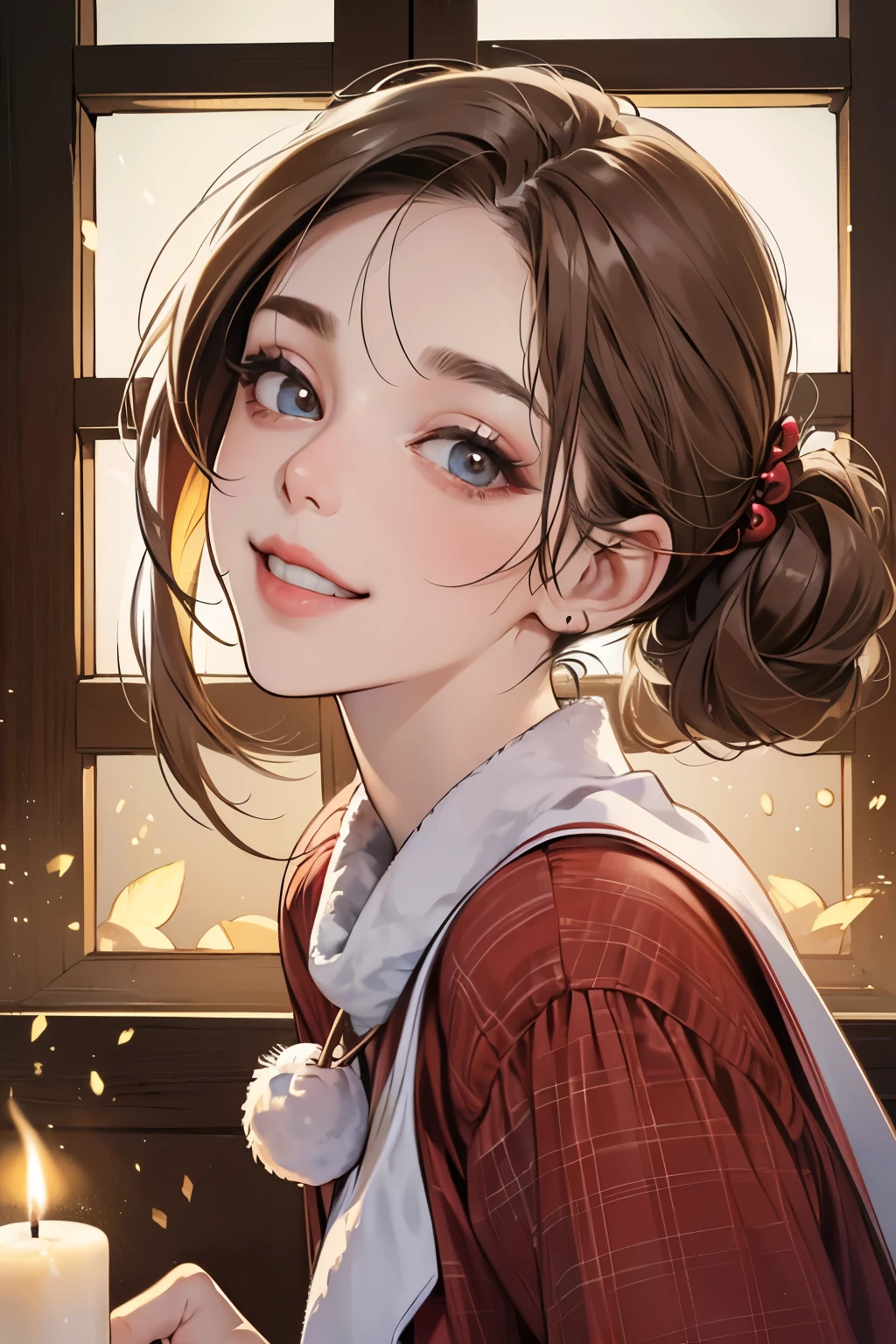 (masutepiece, Digital Art, Digital Illustration, 4K, 8K, Ultra-detailed, beautiful image, Sharp Image, Photorealistic, Raw photo, Perfect face, Perfect lines, Perfect eyes, Soft lighting) 1 woman, (lightbrown hair,Chignon hair in a high position,Innocent look,Lowered eyebrows,drooping eyebrows,drooing eyes,cute large eyes,natural make up,kindly smile,Round jaws,23 y-o woman:1.3),スーツ姿のハンサムなember性2人, (ember,ember性はスーツ姿,well-muscled,Firm shoulder width, emberの,Boyish hairstyle,English gentlemanly style,クールな表情の30代ember性,明るい笑顔の28歳ember性:1.2),(Nervous,be shy,sleepy,embarrassed from:1.2),innocent smiles,(embarrassed from,Shy smile:1.1),in front of a warm fireplace、Christmas、Christmasケーキ、Birthday Celebration、the kiss、a couple、a couplethe kiss、Romance、the kiss、Santa Cosplay、Christmasツリー、candles、Let them eat strawberry fresh cream cake